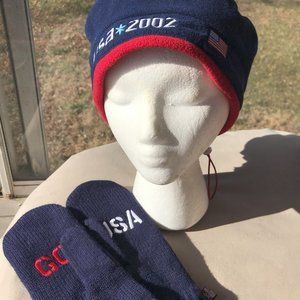 Vtg 2002 U.S. Olympic Team ROOTS Beret Official Hat and USA Navy knit mittens